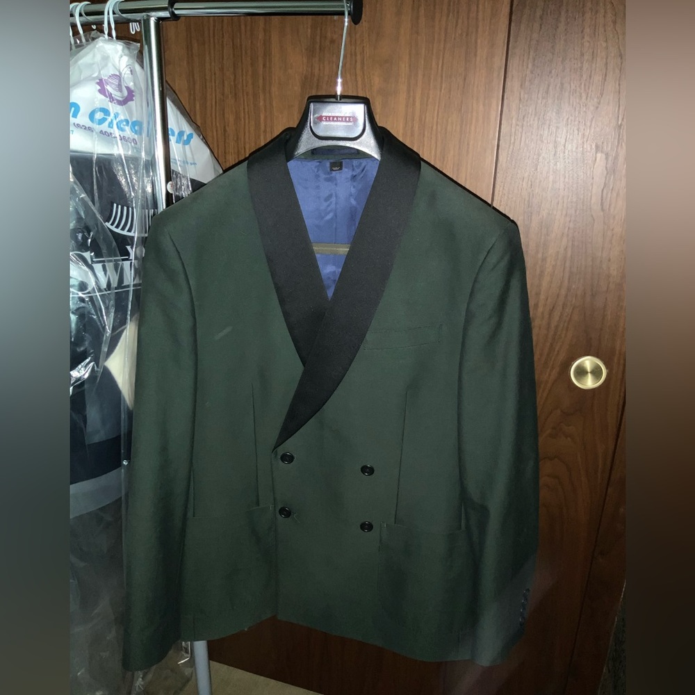 J Crew double breasted olive green with black lapel blazer.